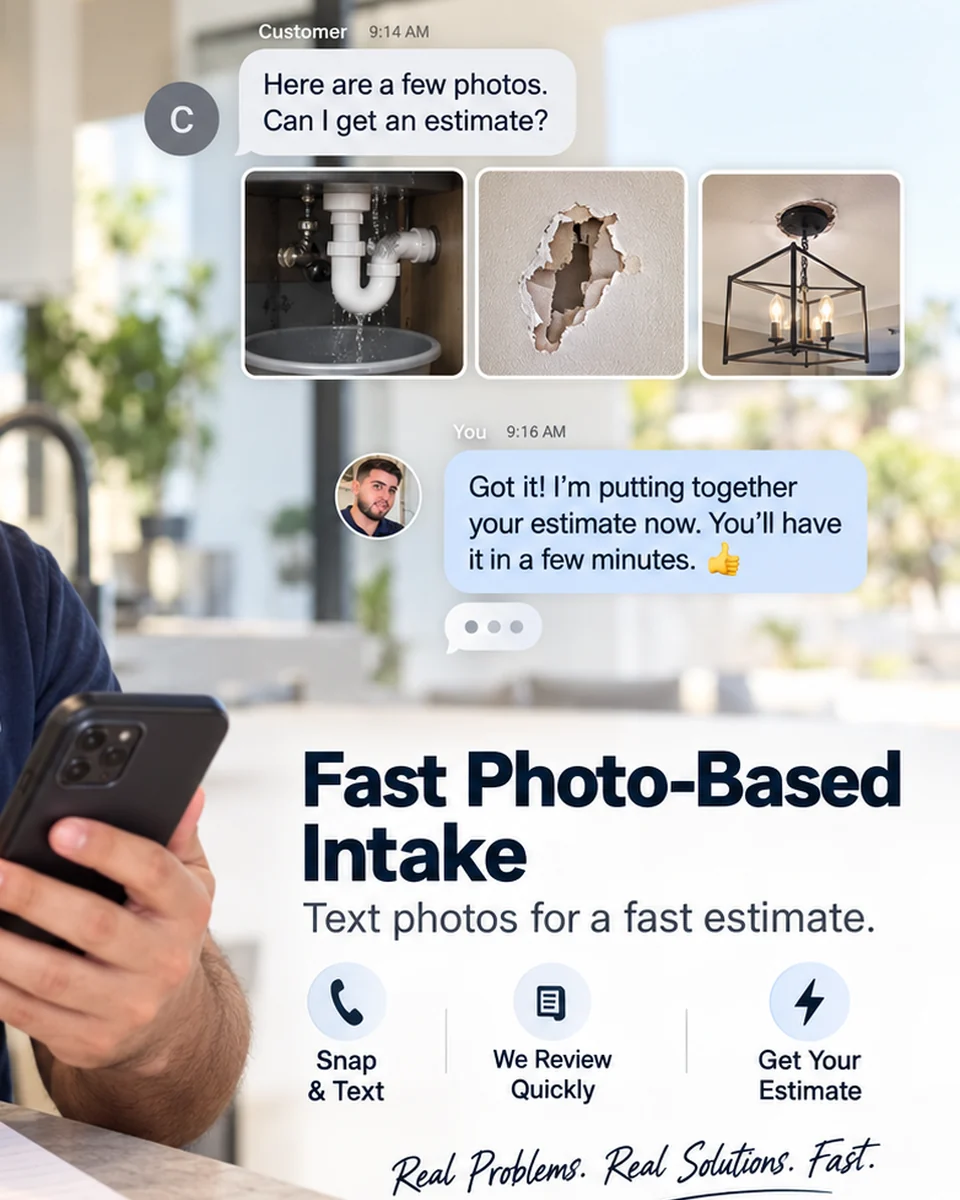 Photo-based home repair intake showing customer repair photos and a fast estimate workflow